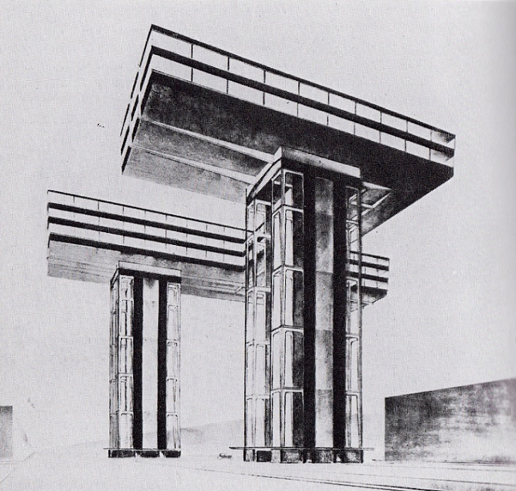 El Lissitzky "Wolkenbügel" (1923–25) (aus ©:  El Lissitzky, Russland. Die Rekonstruktion der Architektur in der Sowjetunion (Neues Bauen in der Welt). Bd. 1, Wien 1930