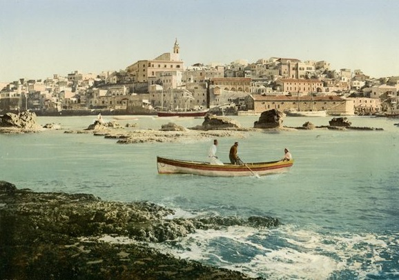 Anlanden in Jaffa (Foto: Bonfils, ca. 1885-95), Photochrom: ca. 1895, Copyright: Gustaf-Dalman-Institut)