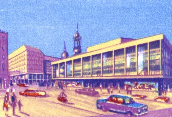 Der Dresdener Kulturpalast zu seiner Einweihung 1969 auf einer Briefmarke