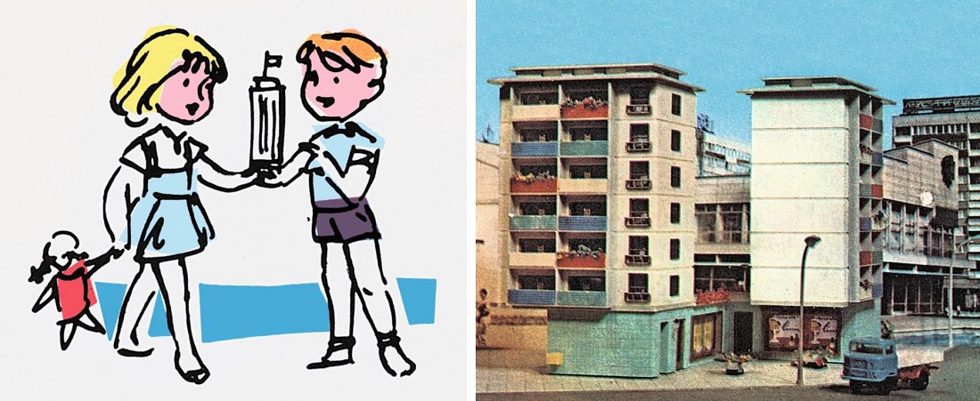 links: Der Bub baute – in diesem Fall das Faller-Hochhausmodell – und das Mädel bewunderte ihn dafür (Bildquelle: Faller-Katalog 1961/62); rechts: Vero-Bausatz “Wohnbaugruppe” (Bild: historischer Katalog)