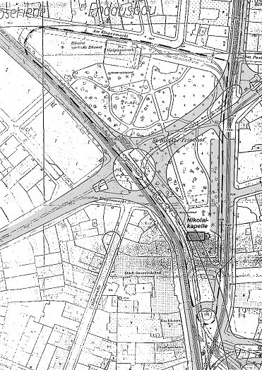 Hannover, Straßenplanung von 1953, dessen Umsetzung die Nikolaikapelle und den mittelalterlichen Nikolaifriedhof am Steintor zerstörte (Bild: Grünflächenamt der Stadt Hannover, Akte "Nikolai-Friedhof")