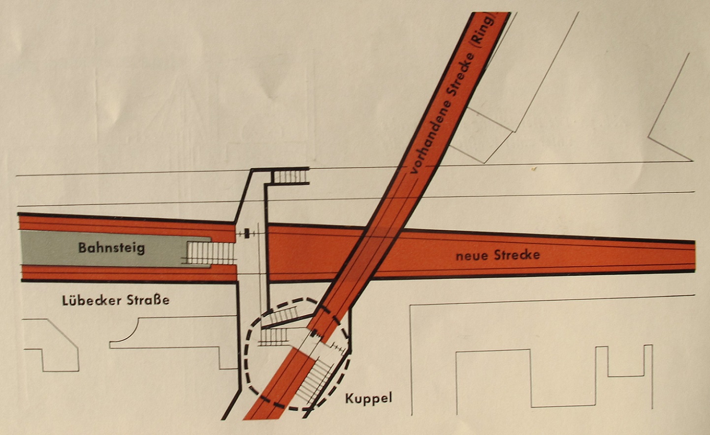 An der Lübecker Straße musste die Kuppelhalle ermöglichen, von der alten (Ring-)Linie in die neue tieferliegende U-Bahn-Strecke umzusteigen (Bild: U-Bahn-Bau in Hamburg, Hamburg 1961, S. 18, Archiv F. Grundmann)