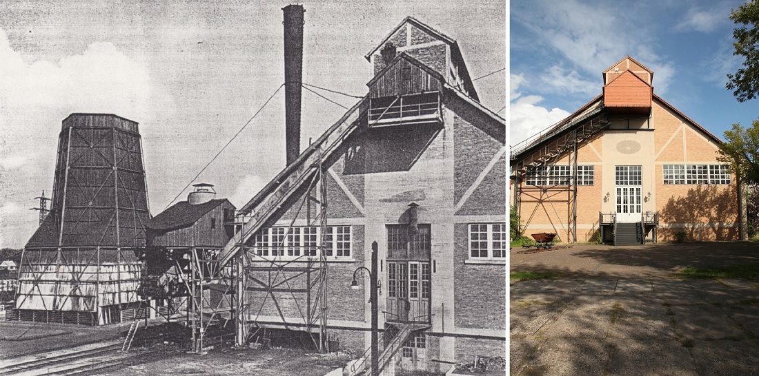 Luckenwalde, E-Werk, um 1928 (links) und 2022 (Bilder: links: E-Werk-Luckenwalde; rechts: Ira Mazzoni, 2022)