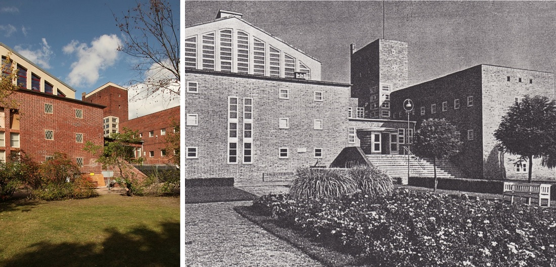 Luckenwalde, ehemaliges Stadtbad, 2022 (links) und um 1928 (Bilder: links: Ira Mazzoni, 2022; rechts: E-Werk Luckenwalde)