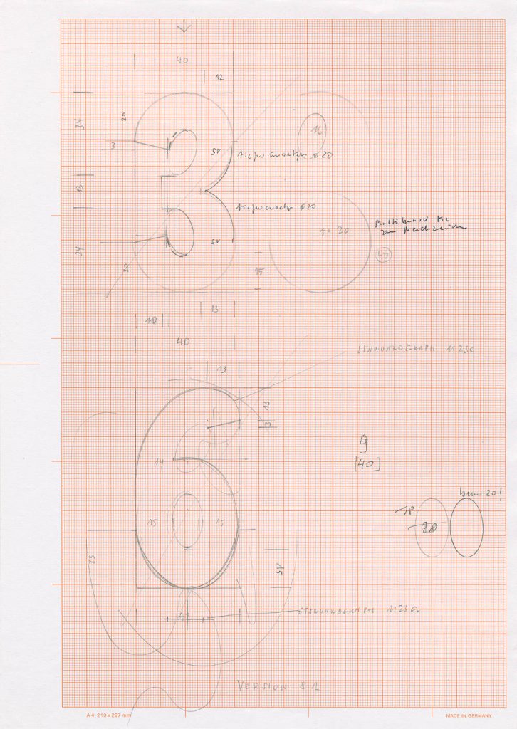 Alfabeto apuano 8.1, 2013, 21,0 x 29,7 cm, Bleistift auf Millimeterpapier, Konstruktion (Bild: H. F. Taffelt)