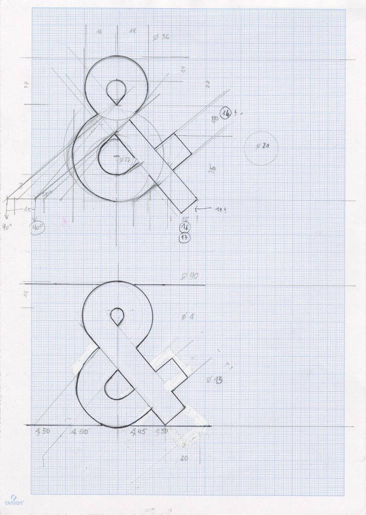 Alfabeto apuano 8.1, 2014, 21,0 x 29,7 cm, Bleistift, Kugelschreiber, Tippex auf Millimeterpapier, Konstruktion (Bild: H. F. Taffelt)