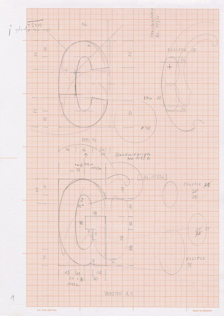Alfabeto apuano 8.1, 2013, 21,0 x 29,7 cm, Bleistift auf Millimeterpapier, Konstruktion (Bild: H. F. Taffelt)