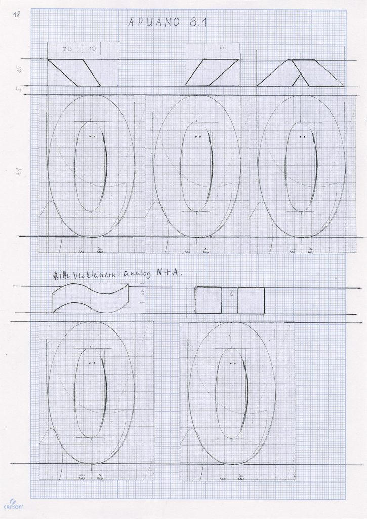 Alfabeto apuano 8.1, 2013, 21,0 x 29,7 cm, Bleistift, Kugelschreiber auf Millimeterpapier, Konstruktion (Bild: H. F. Taffelt)