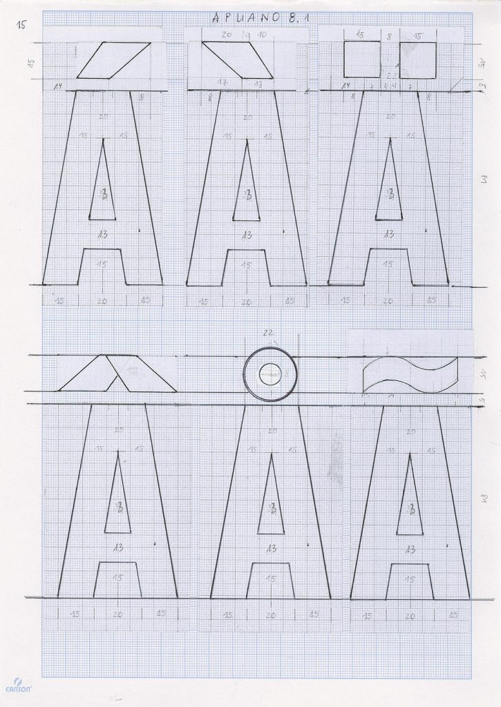 Alfabeto apuano 8.1, 2013, 21,0 x 29,7 cm, Bleistift, Kugelschreiber, Collage auf Millimeterpapier, Konstruktion (Bild: H. F. Taffelt)