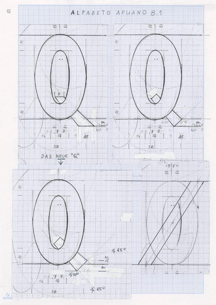 Alfabeto apuano 8.1, 2013, 21,0 x 29,7 cm, Bleistift, Kugelschreiber, Tippex auf Millimeterpapier, Konstruktion (Bild: H. F. Taffelt)