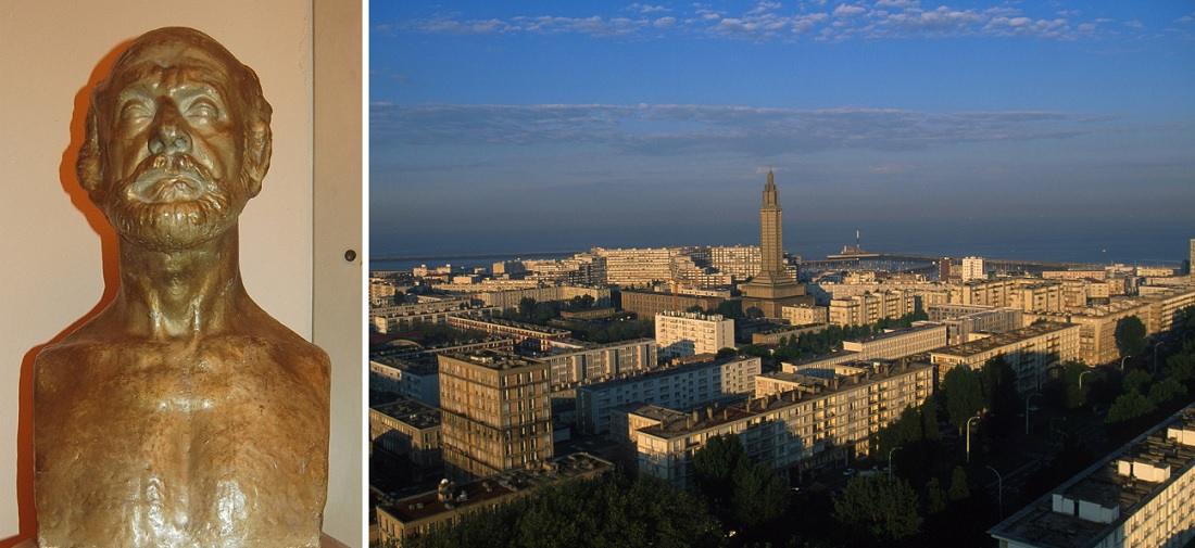 links: Büste des Architekten Auguste Perret (Bild: PD); rechts: Le Havre (Bild: Erik Levilly, CC BY SA 1.0)