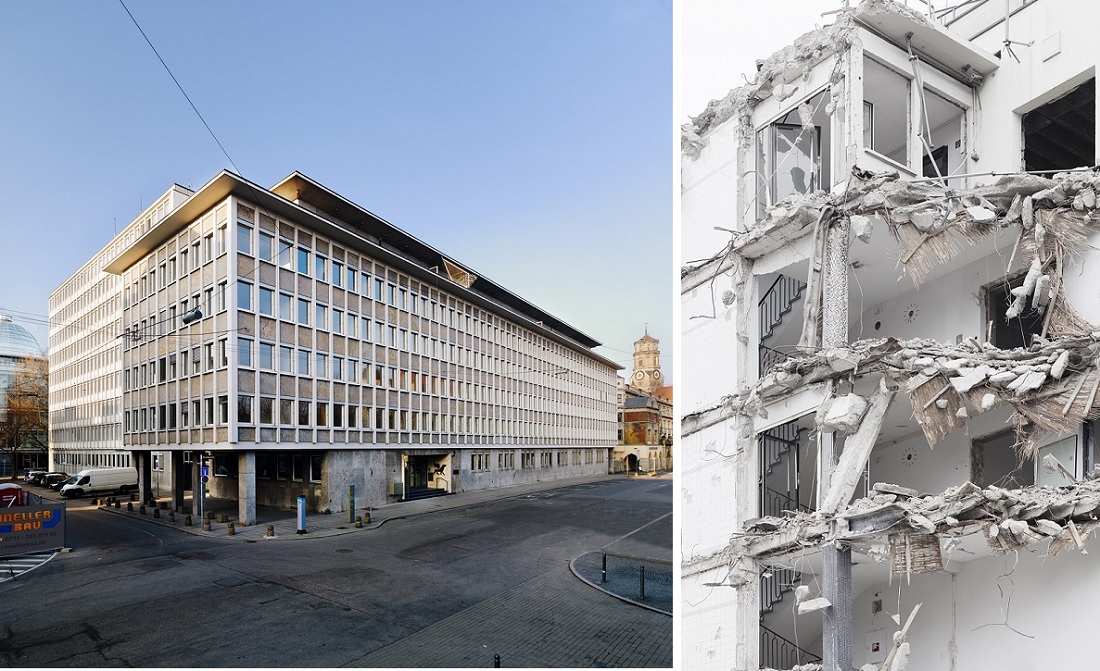 Das denkmalgeschützte, bestens erhaltene Finanzministerium in Stuttgart wurde 2015 zugunsten eines Konsumquartiers (Architekten: Behnisch) abgerissen (Bilder: links Wolfram Janzer, rechts Wilfried Dechau)