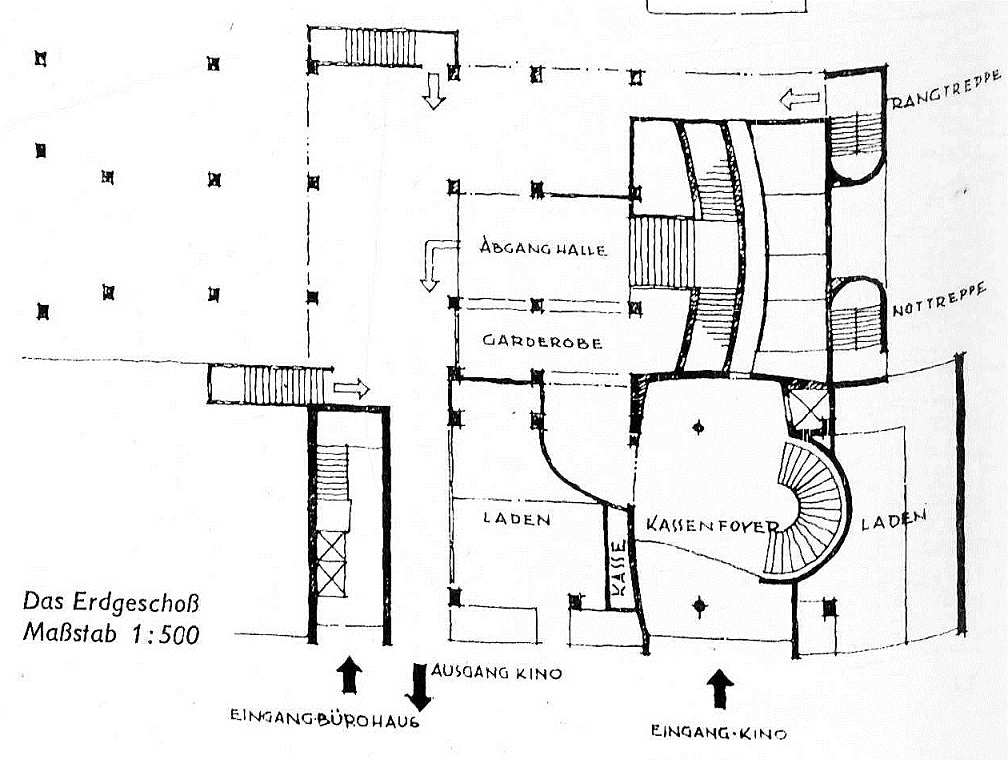 Berlin, Gloria-Filmpalast, Grundriss Erdgeschoss (Quelle: Der „Gloria-Palast“ in Berlin, in: 44, Bauwelt 47, 1953, S. 927-929)