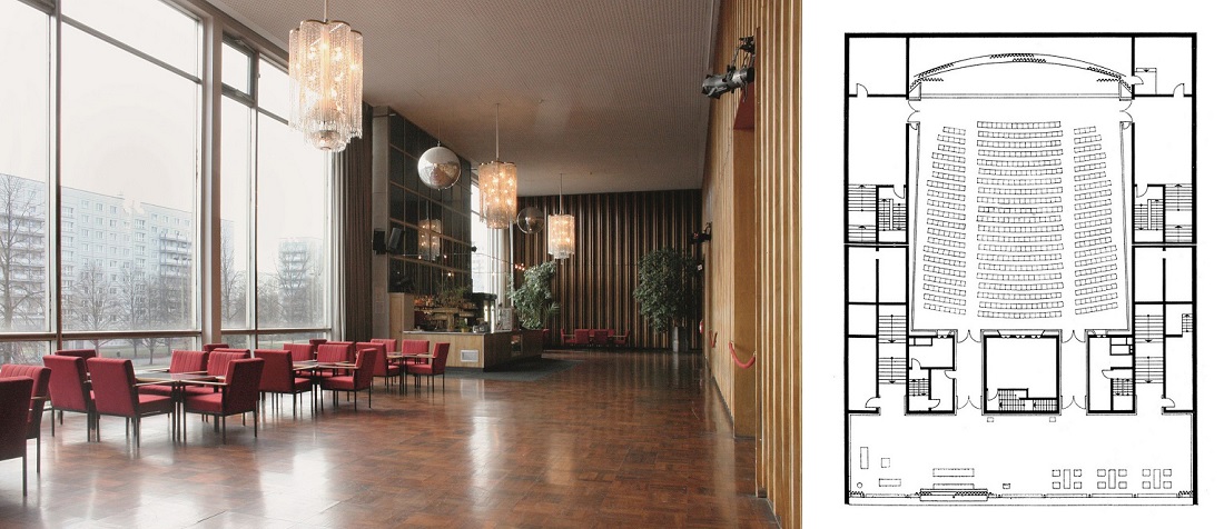 links: Berlin, Kino International, oberes Foyer (Bild: Eric Neuling, 2009); rechts: Berlin, Kino International, Grundriss 1. Obergeschoss (Bildquelle: Deutsche Architektur 12, 1964, 4)
