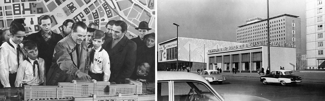 links: Berlin, Planung für den ersten Bauabschnitt der Stalinallee, der heutigen Karl-Marx-Allee, im Jahr 1952 (Bild: Bundesarchiv Nr. 183-17346-0009, Foto: H.-G. Quaschinsky, CC BY-SA 3.0); rechts: Berlin, Karl-Marx-Allee mit dem Kino International, dem Hotel Berolina sowie der Mokka-, Milch- und Eisbar, 1964 (Foto: Ulrich Kohls, Bild: Bundesarchiv Bild 183-C0325-0007-003, CC BY-SA 3.0)