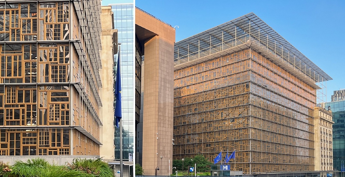 Brüssel, Europagebäude, Philippe Samyn and Partners, 2016: 3000 wiederverwendete Holzrahmenfenster sollen die Einheit in der Vielfalt der Europäischen Union versinnbildlichen (Bilder: Hans-Rudolf Meier)