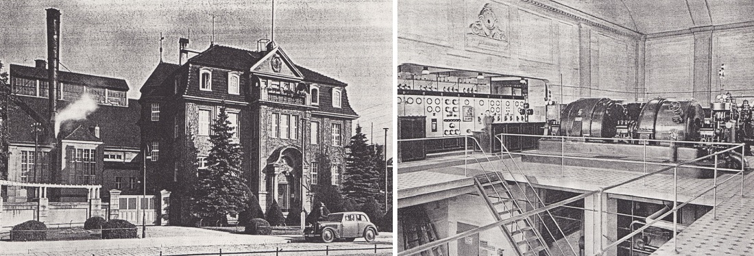 Luckenwalde, E-Werk, Fassade (links) und Turbinenhalle, um 1928 (Bild: E-Werk Luckenwalde)