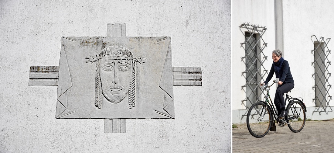 links: Frankfurt-Bornheim, Heilig Kreuz (Bild: Andreas Beyer); rechts: Frankfurt-Bornheim, Ina Hartwig mit einem Arcona-Fahrrad vor Heilig Kreuz (Bild: Andreas Beyer)