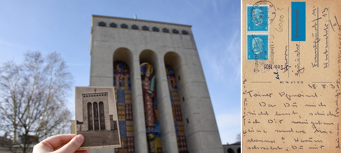links: Frankfurt, Frauenfriedenskirche (Bild: Andreas Beyer); rechts: Historische Postkarte der Frankfurter Frauenfriedenskirche (Bildquelle: Karin Berkemann privat)