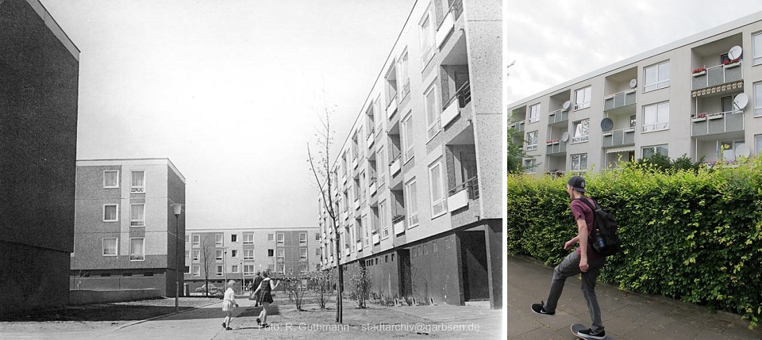 links: Garbsen “Auf der Horst” Mitte der 1960er Jahre (Foto: Rudolf Guthmann, Bild vom Stadtarchiv Garbsen); rechts: Garbsen “Auf der Horst”, ein anonym bleibender Skater, 2016 (Foto: privat)