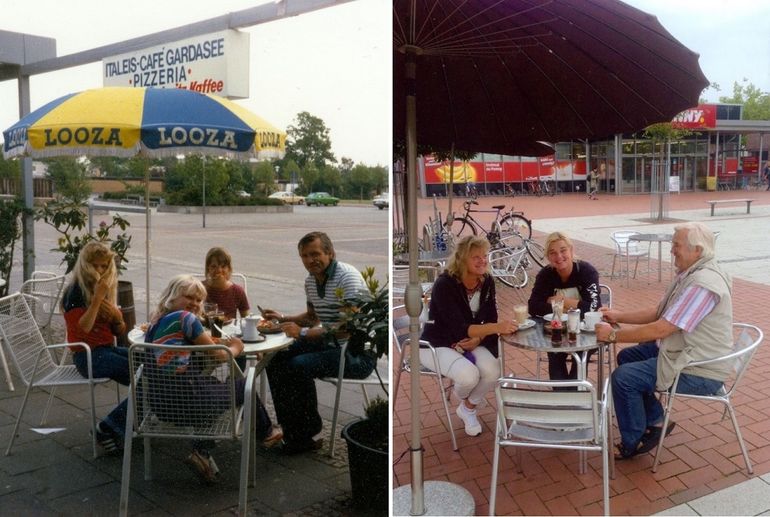 links: Garbsen, “Auf der Horst”, “Café Gardasee”, 1980 (Foto: privat); rechts: Garbsen, “Auf der Horst”, Café am Hérouville-St.-Clair-Platz, 2016 (Foto: privat)