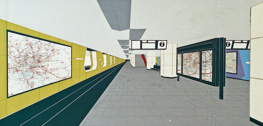 Hamburg, Haltestelle "Jungfernstieg", Schalterhalle, Entwurfscollage von Fritz Trautwein, 1960 (Bestand: Hamburgisches Architekturarchiv)