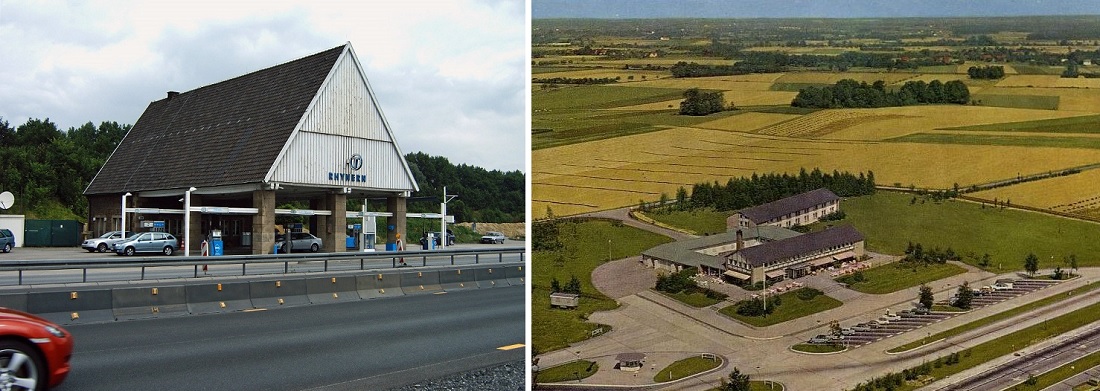 links: Autobahnkapelle Hamm (Bild: Georg Brox, CC BY SA 3.0, 2005); rechts: Autobahn-Raststätte Rhynern (Bild: historische Postkarte, Luftbild K. G., Hamburg/München)
