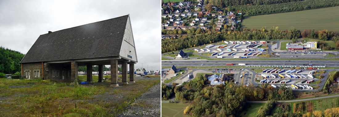 links: Autobahnkapelle Hamm (Bilder: links: Georg Brox, CC BY SA 3.0, 2009; rechts: Tim Reckmann, CC BY SA 3.0, 2008)