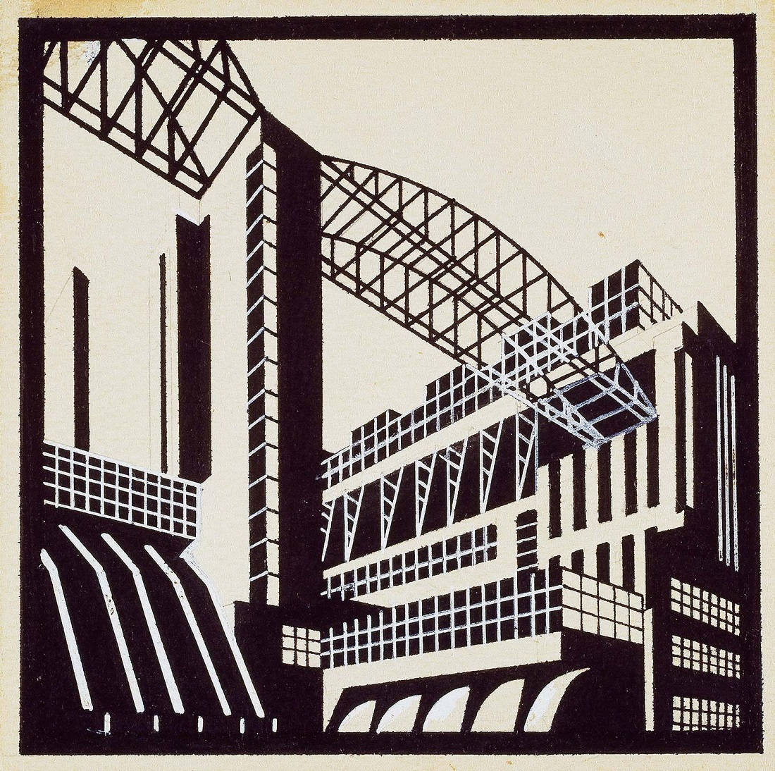 Jakow Tschernichow (1889–1951), Architekturfantasie: Ansicht eines Kraftwerks. 1920er/Anfang der 1930er Jahre, Reißfeder, Tusche, Deckweiß, 10,4 × 10,4 cm (Bild: Sammlung Sergei Tchoban, Berlin)