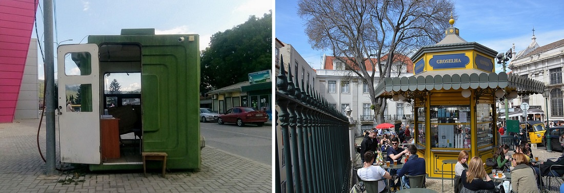 inks: Ohrid Kiosk K67 (Bild: Ann Priestley, CC BY NC SA 2.0); rechts: Lissabon, Kiosk (Bild: Paul Arps, CC BY 2.0)
