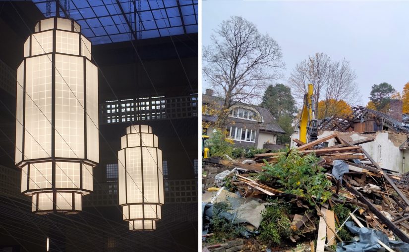 Berlin, links: Haus des Rundfunks, Lampen nach Entwürfen von Marlene Poelzig, rechts: Abrissarbeiten an der Villa Poelzig am 1. November 2021 (Bilder: Initiative Marlene Poelzig)
