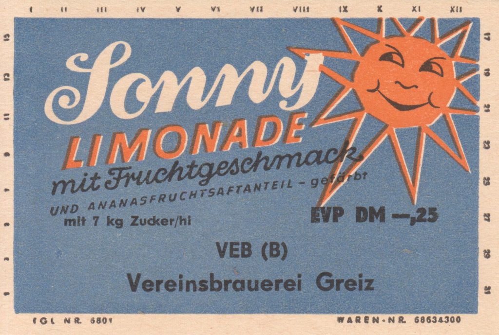 Sonny Limonade, VEB (B) Vereinsbrauerei Greiz (Bild: historisches Etikett)
