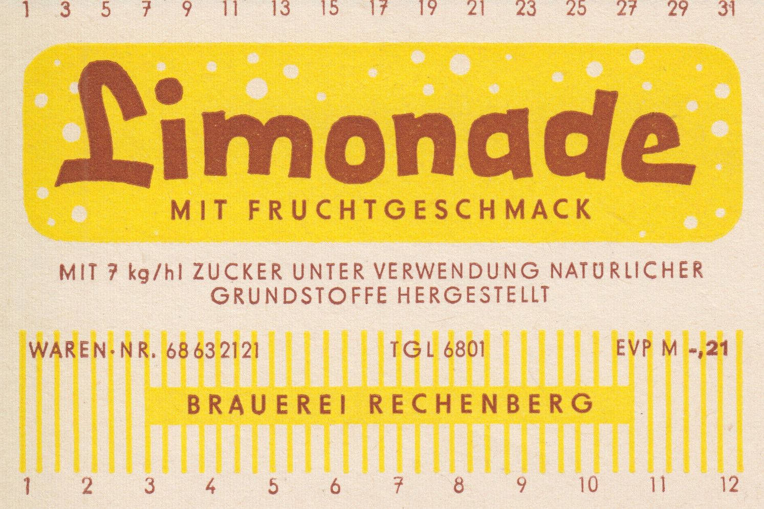 Limonade mit Fruchtgeschmack, Brauerei Rechenberg (Bild: historisches Etikett)