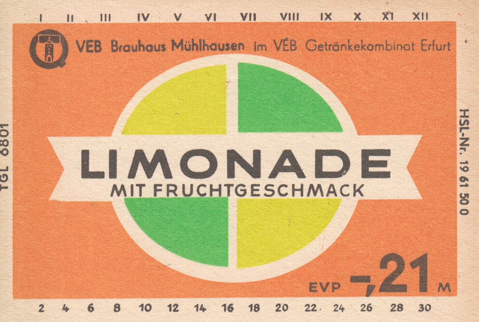 Limonade mit Fruchtgeschmack, VEB Brauhaus Mühlhausen (Bild: historisches Etikett)