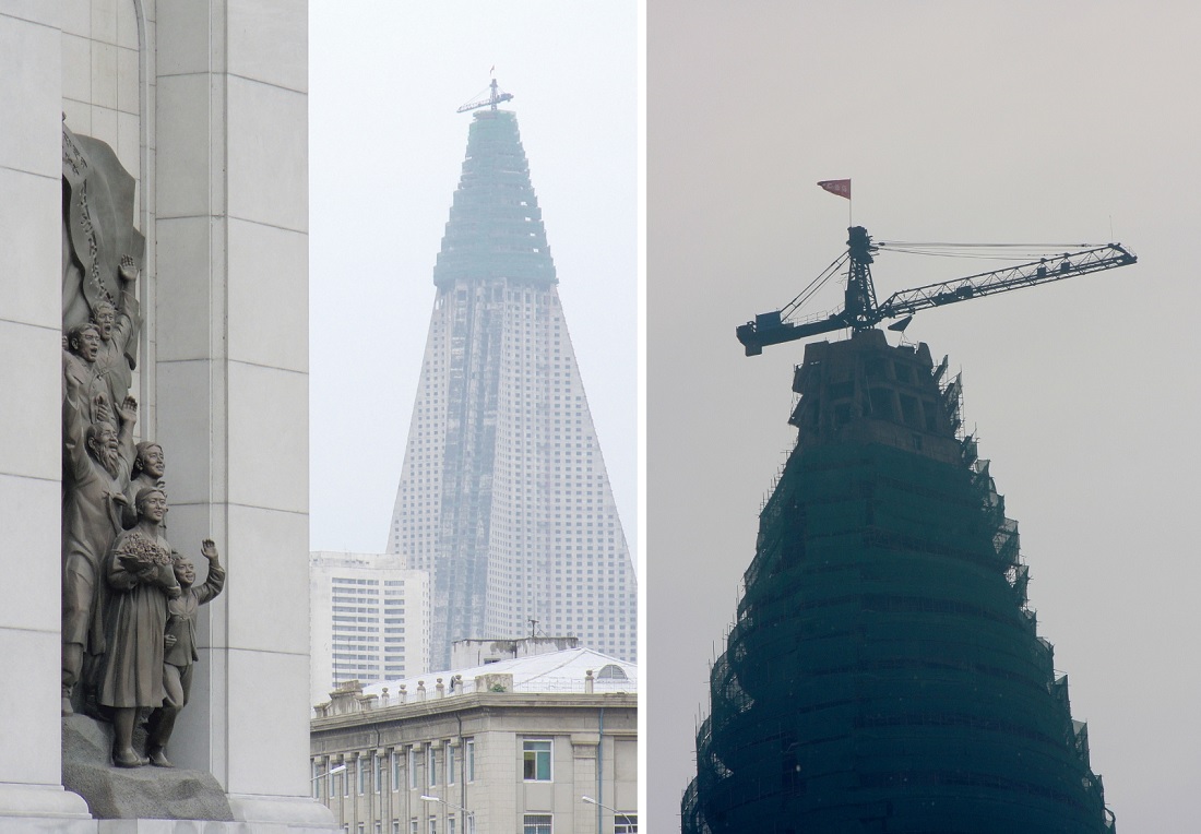 Pjönjang, Ryugyŏng-Hotel (Bilder: links: Kok Leng Yeo, CC BY SA 2.0; rechts: Mark Scott Johnson, CC BY SA 2.0)
