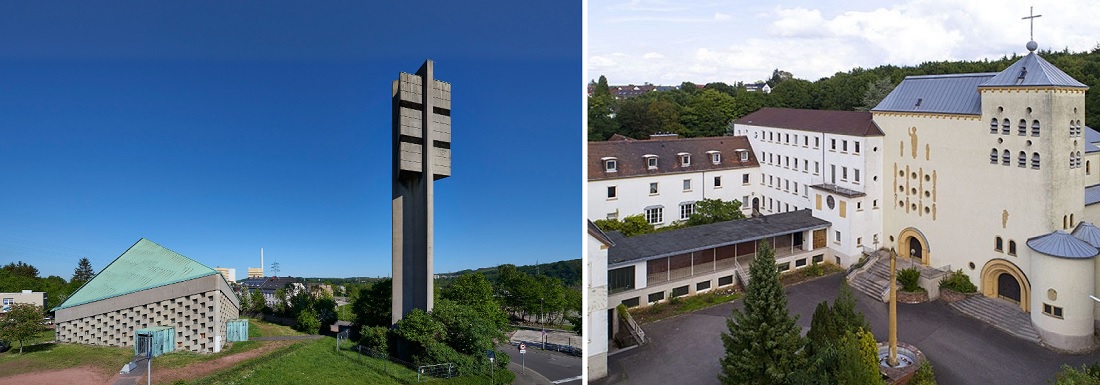links: Saarbrücken-Klarenthal, St. Antonius (Bild: Marco Kany); rechts: Bous, Kloster Heiligenborn (Bild: immobilienscout24.de, 2007)
