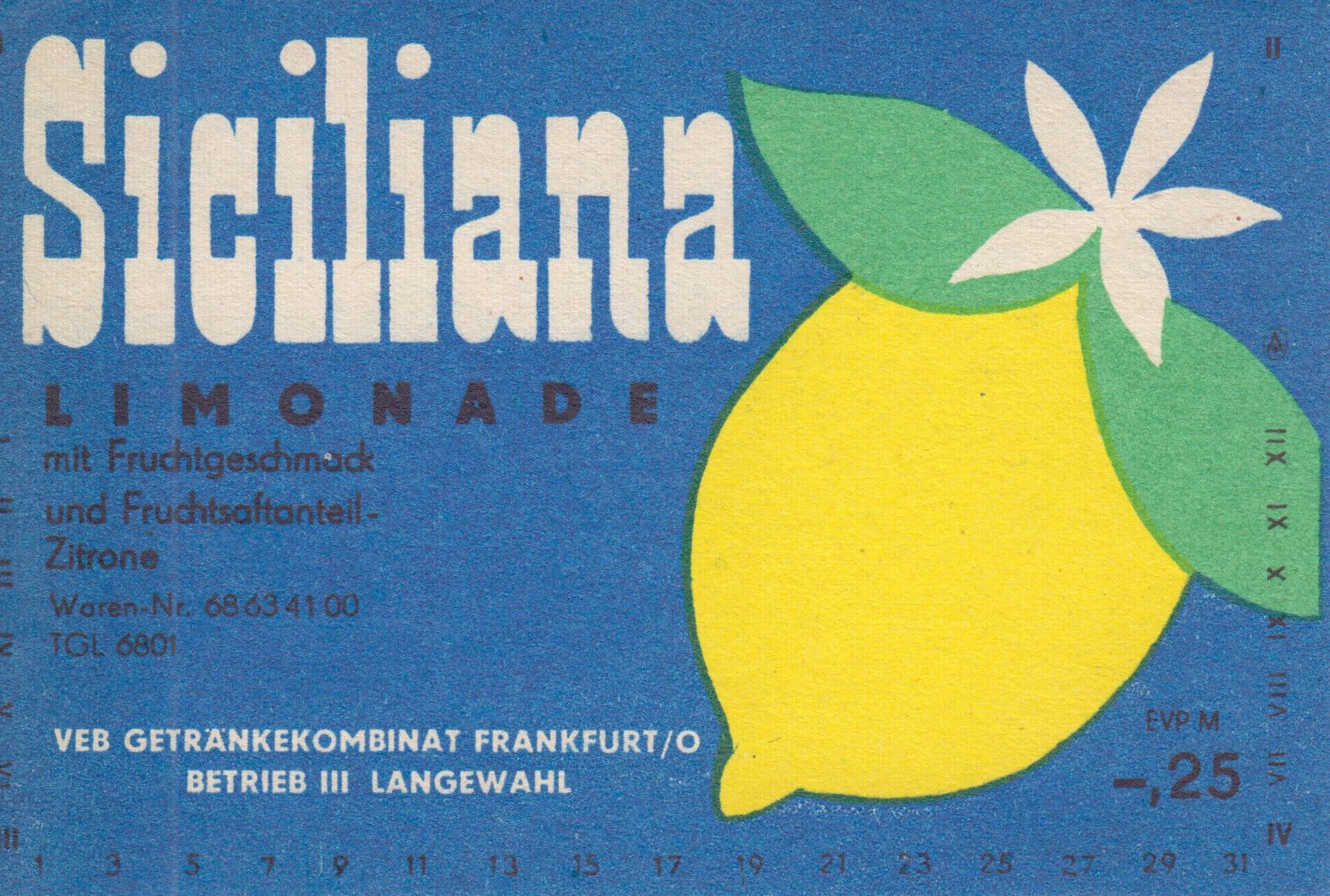 Siciliana Limonade, VEB Getränkekombinat Frankfurt/O. (Bild: historisches Etikett)