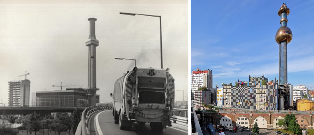 Wien, Müllverbrennungsanlage Spittelau, links: 1970 im Bau; rechts: nach dem Umbau von 1992 (Bilder: links: AT-WSTLA 3.3.11.FA1.70.564, CC BY NC ND 4.0, 1970; rechts: C. Stadler/Bwag, CC BY SA 4.0, 2020)