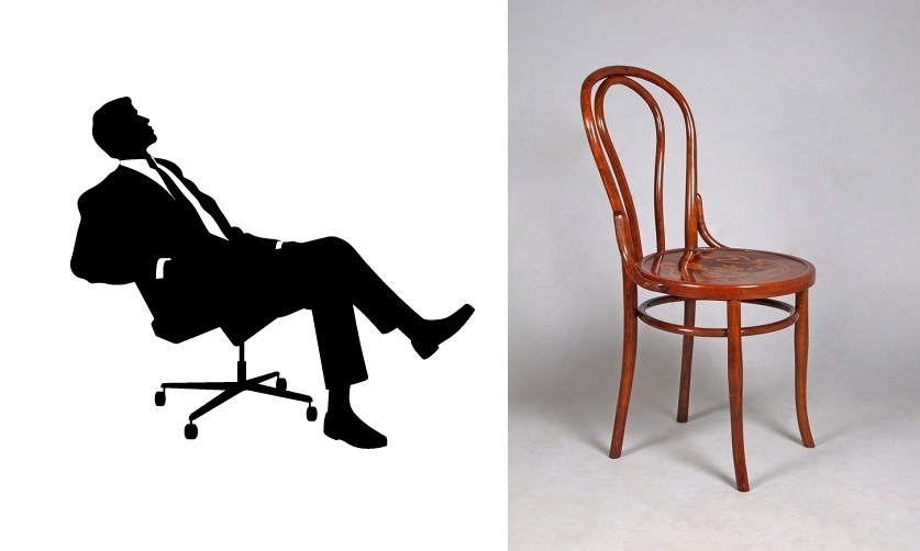 links: Bürostuhl auf Rollen (Bild: Pilatesball, CC BY SA 3.0); rechts: Thonet-Kaffeehausstuhl (Bild: Dominik Matus, CC BY SA 3.0)