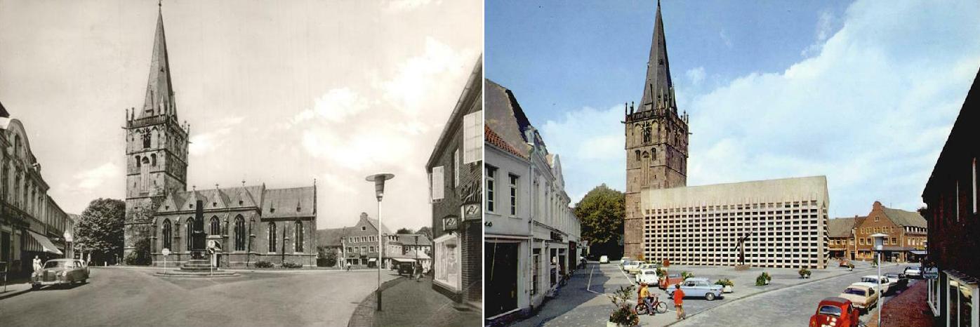 Ahaus, St. Mariä Himmelfahrt (Bilder: historische Postkarten, links: vor dem Umbau, Foto: Buchhandlung Franz Kleiboldt, Aahaus; rechts: nach dem Umbau: Krapohl-Verlag, Schloss Hülchrath)