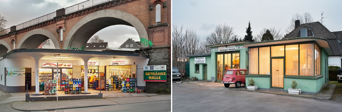 links: Wupertal, ehemalige Tankstelle, jetzt Getränkemarkt (Bild: © Joachim Gies, 2014); rechts: Viersen, ehemalige Tankstelle, jetzt Autowerkstatt (Bild: © Joachim Gies, 2014)