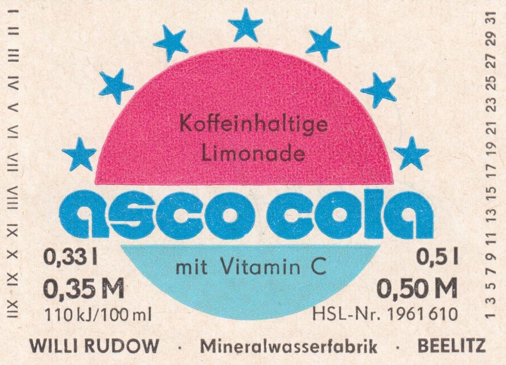 Asco Cola, Willi Rudow Mineralwasserfabrik Beelitz (Bild: historisches Etikett)