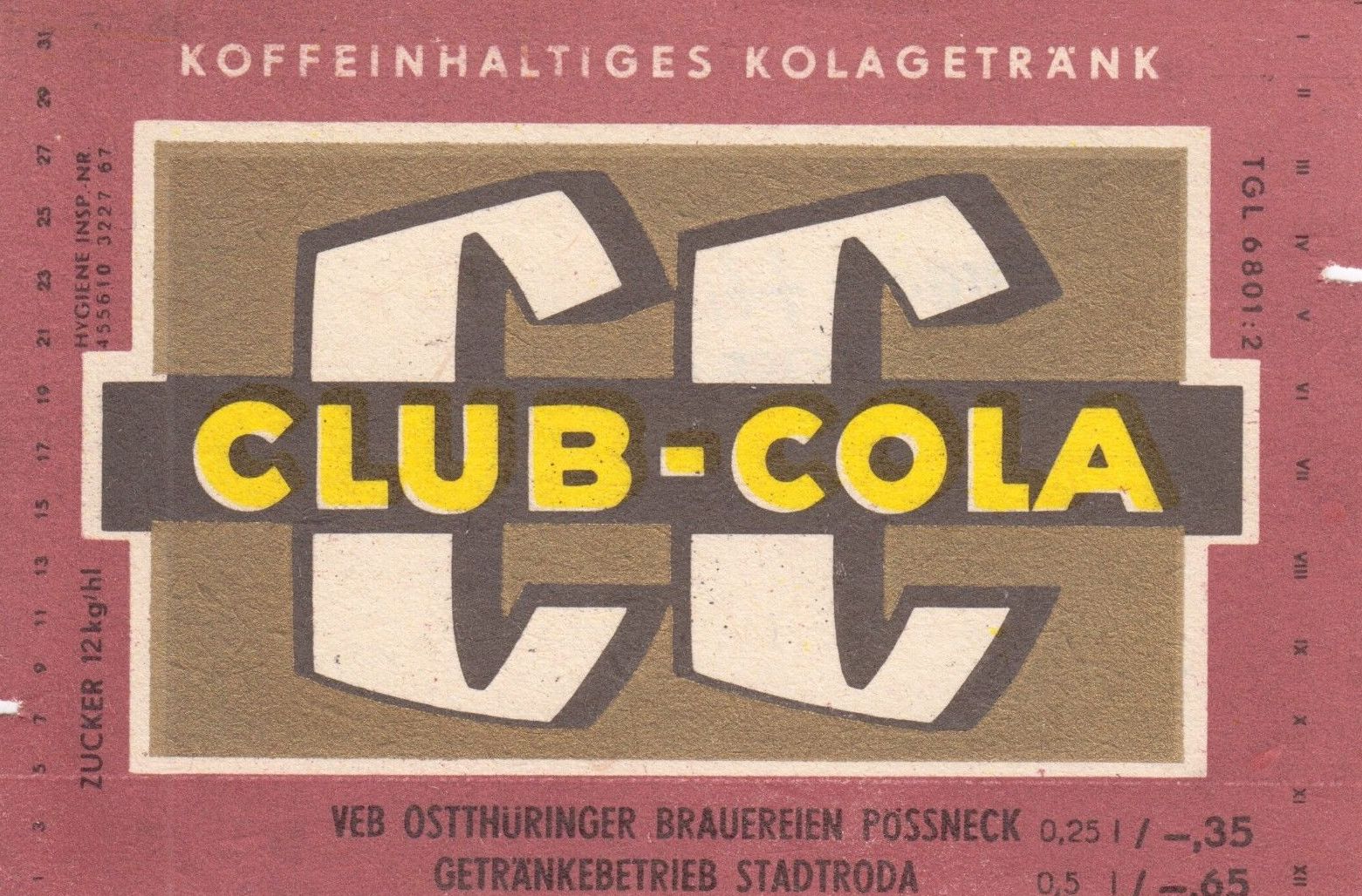 Club-Cola, VEB Ostthüringer Brauereien Pössneck (Bild: historisches Etikett)