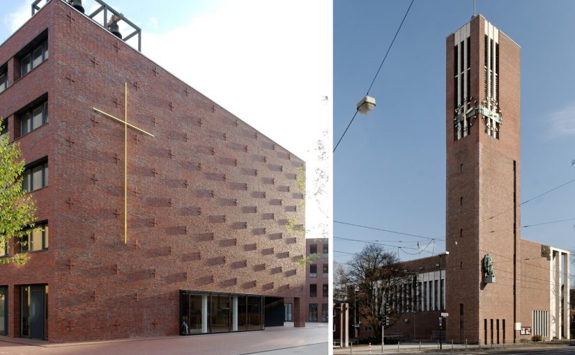 Düsseldorf, links: Versöhnungskirche (Neubau) (Bild: Wiegels, GFDL, CC BY SA 3.0, 2009), rechts: Matthäikirche (Bild: Jörg Wiegels, CC BY SA 3.0, 2011)