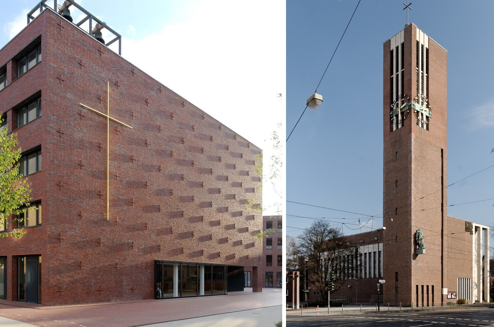 Düsseldorf, links: Versöhnungskirche (Neubau) (Bild: Wiegels, GFDL, CC BY SA 3.0, 2009), rechts: Matthäikirche (Bild: Jörg Wiegels, CC BY SA 3.0, 2011)