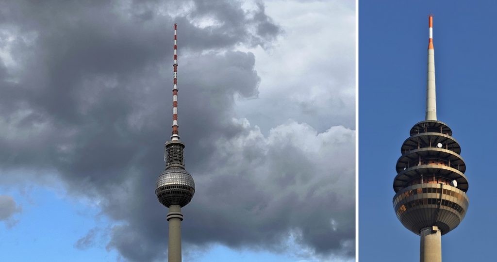 links: Berlin, Fernsehturm (Bild: Jonathan Palmer-Hoffman); rechts: Nürnberg, Fernsehturm (Bild: Wladyslaw, CC BY 3.0)