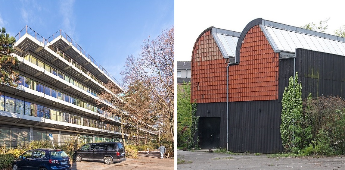 Köln, links: Köln, Siemensgebäude in der Franz-Geuer-Straße; rechts: Simultanhalle (Bilder: links: © Raimond Spekking, CC BY SA 4.0, via widimedia commons, 2020; rechts: Elke Wetzig, GFDL oder CC BY SA 3.0, 2010)