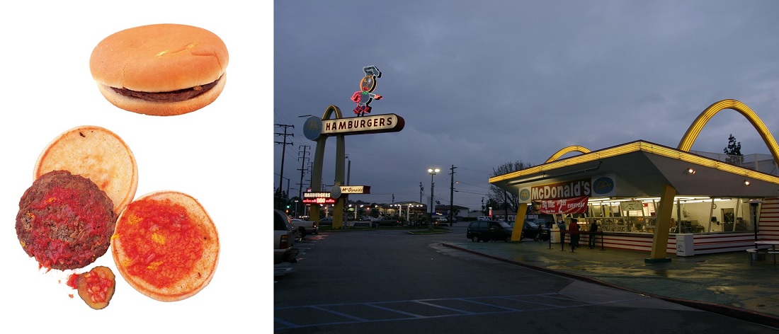 links: Der Burger und seine Einzelbestandteile (Bild: Jürgen Dollase, Geschmacksschule, Tre Torri Verlag); rechts: Das älteste geöffnete McDonalds-Restaurant (1953) in Downey/Caifornien (Bild: Bryan Hong, CC BY SA 3.5)