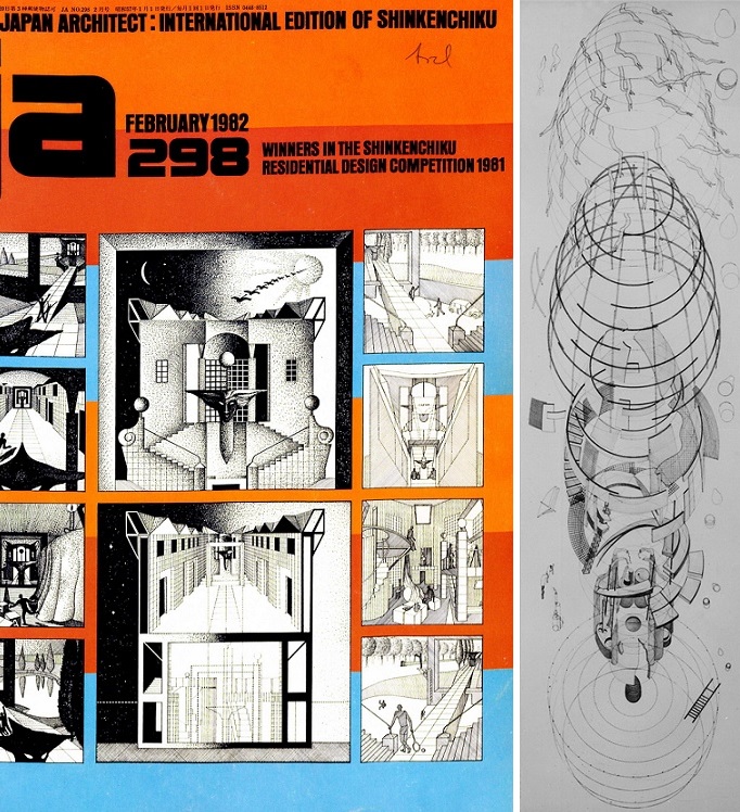 links: Cover von Japan Architect Nr. 289, Februar 1982 mit dem 1. Preis von Belov und Kharitonov; rechts: Y. Avakumov/I. Pischukevich/Y. Zirulnikov, Matryoshka House, 1984 (Bild: utopia.ru)