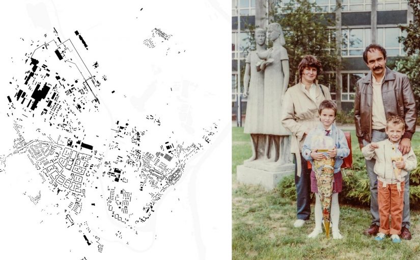 Eisenhüttenstadt, links: Schwarzplan der Stadt, rechts: Martin Maleschka mit Familie vor Kunst (Bilder: links: Dom Publishers, rechts: privat)